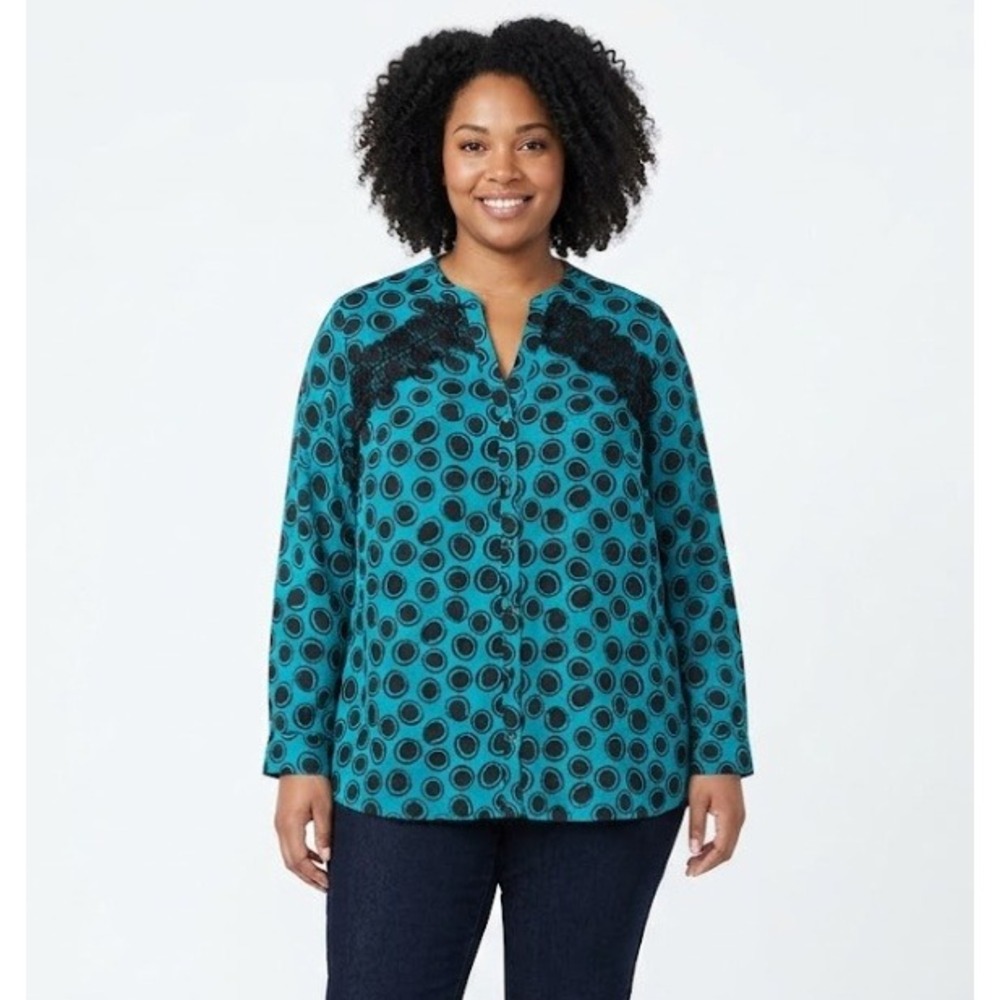 New Worthington Blouse size 2X Black Blue Polka‎ Dot Preppy Button Down Office